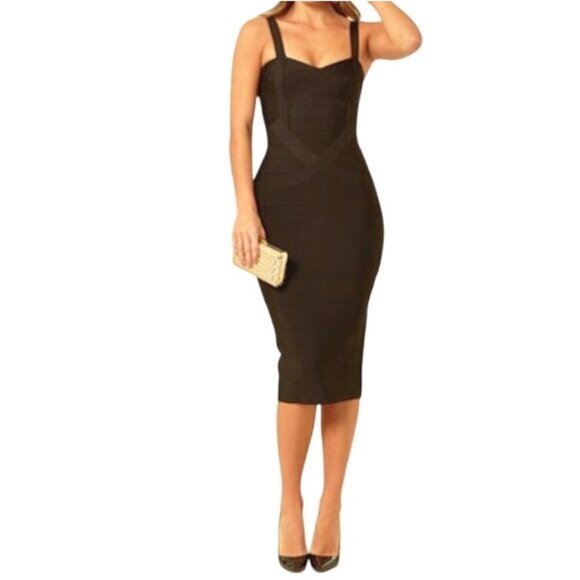 TOXIC ENVY BOUTIQUE-- WOMENS BLACK THICK STRETCHY MIDI BANDAGE DRESS SIZE LARGE - Picture 1 of 7